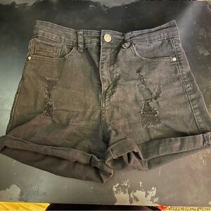 Distressed Black Denim Shorts